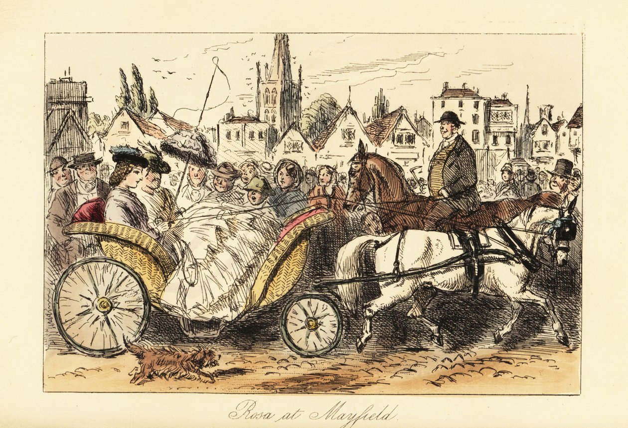 Dame anglaise en robe crinoline avec un parasol conduisant un panier tiré par un poney dans les rues animées d