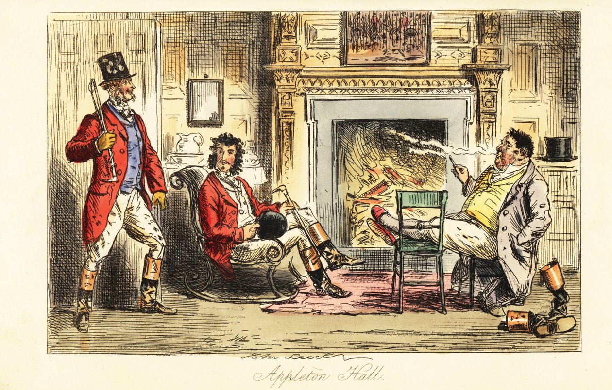 Chasseurs de renards se relaxant devant un feu dans un grand manoir après une chasse - John (after) Leech