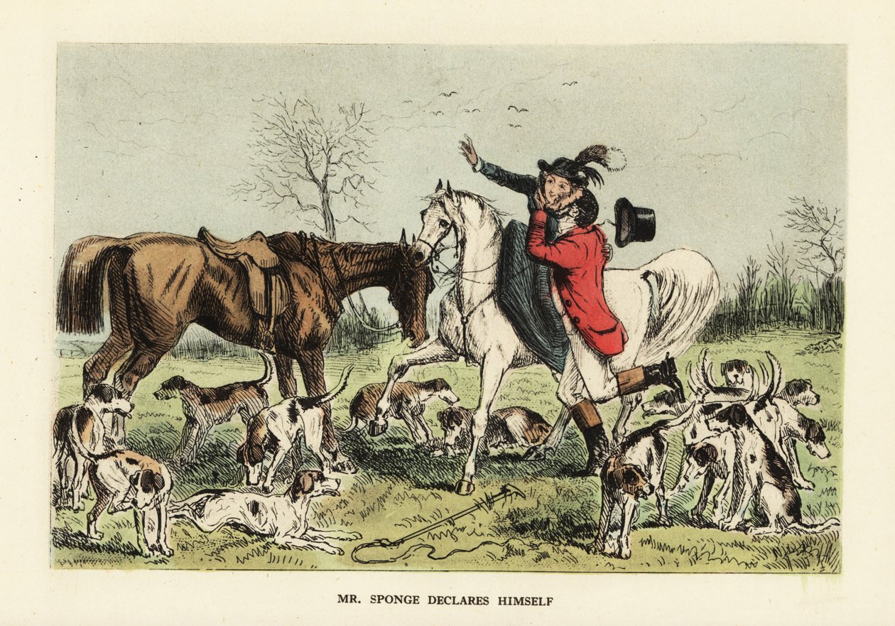 Chasseur en habit rouge embrassant une femme sur un cheval - John (after) Leech