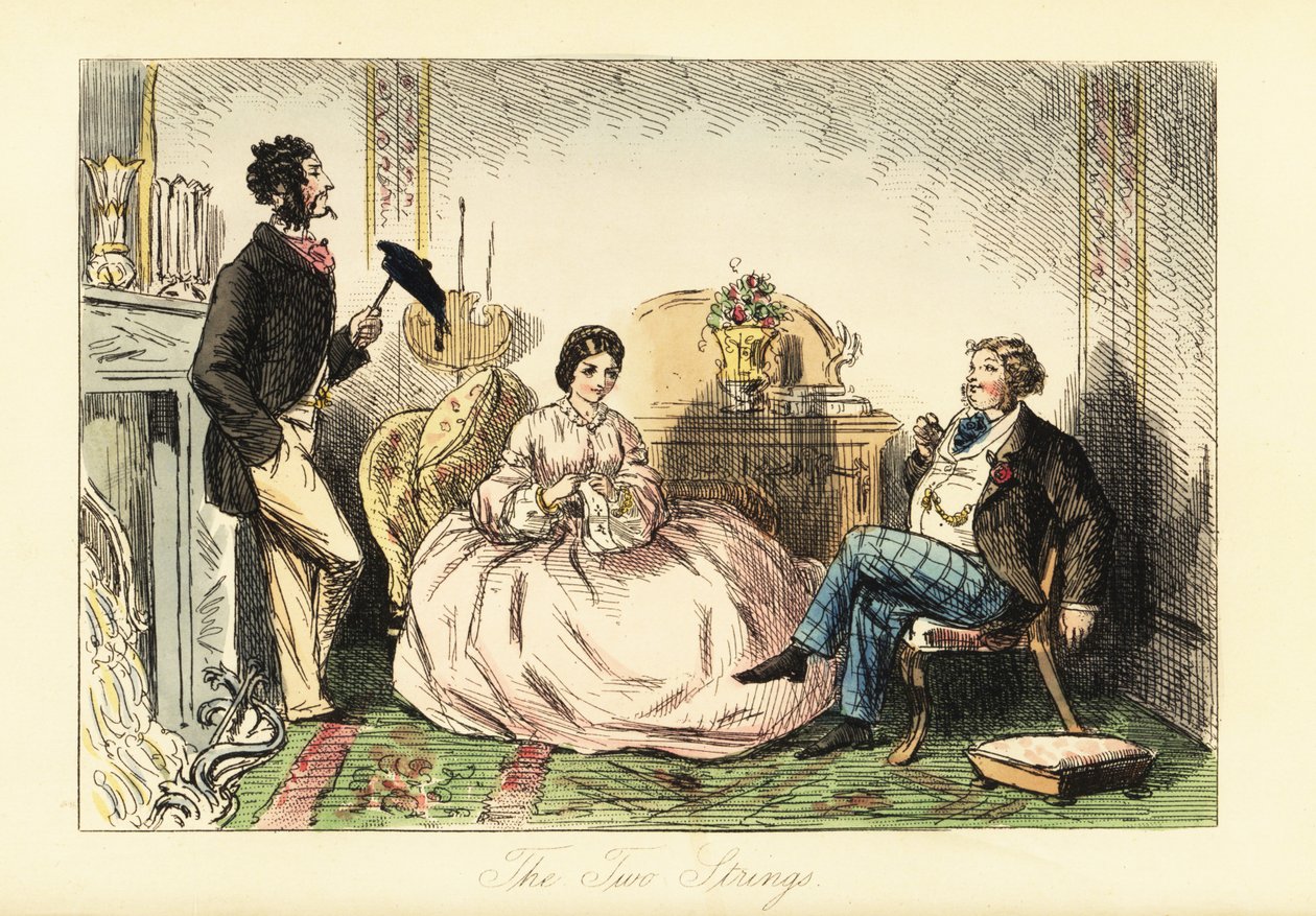 Dame en robe crinoline avec deux gentlemen dans un salon - John (after) Leech