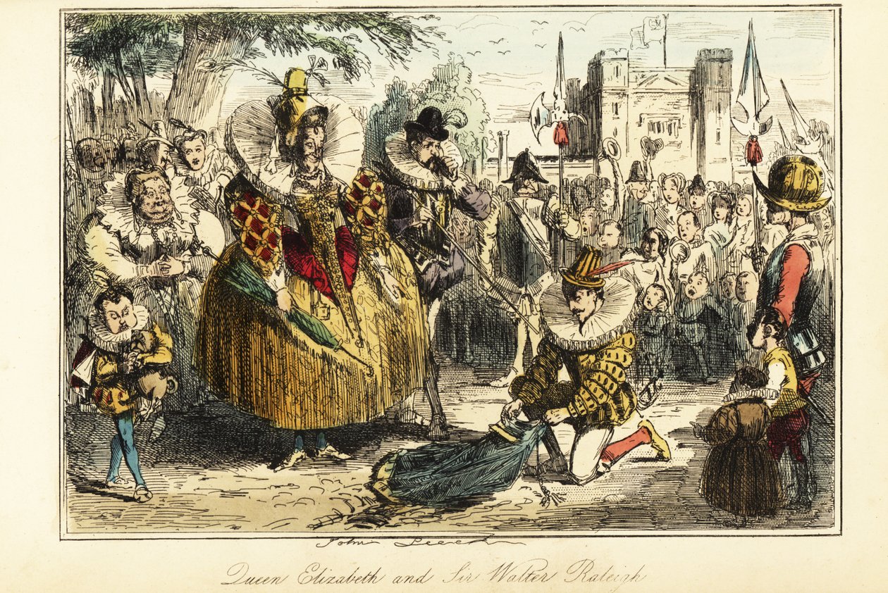 Sir Walter Raleigh posant son manteau sur une flaque pour la reine Elizabeth I à Greenwich - John (after) Leech