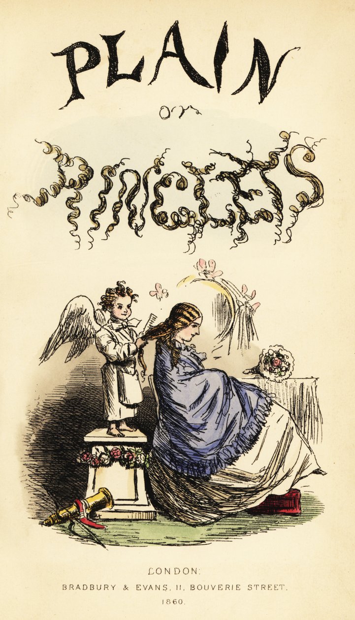 Page de titre avec titre calligraphique et vignette de coiffeur chérubin ailé brossant les cheveux d