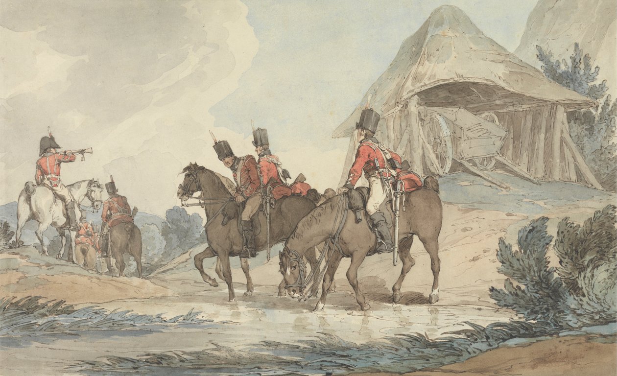 Cavaliers traversant un ruisseau, rassemblés par un trompettiste - John Augustus Atkinson