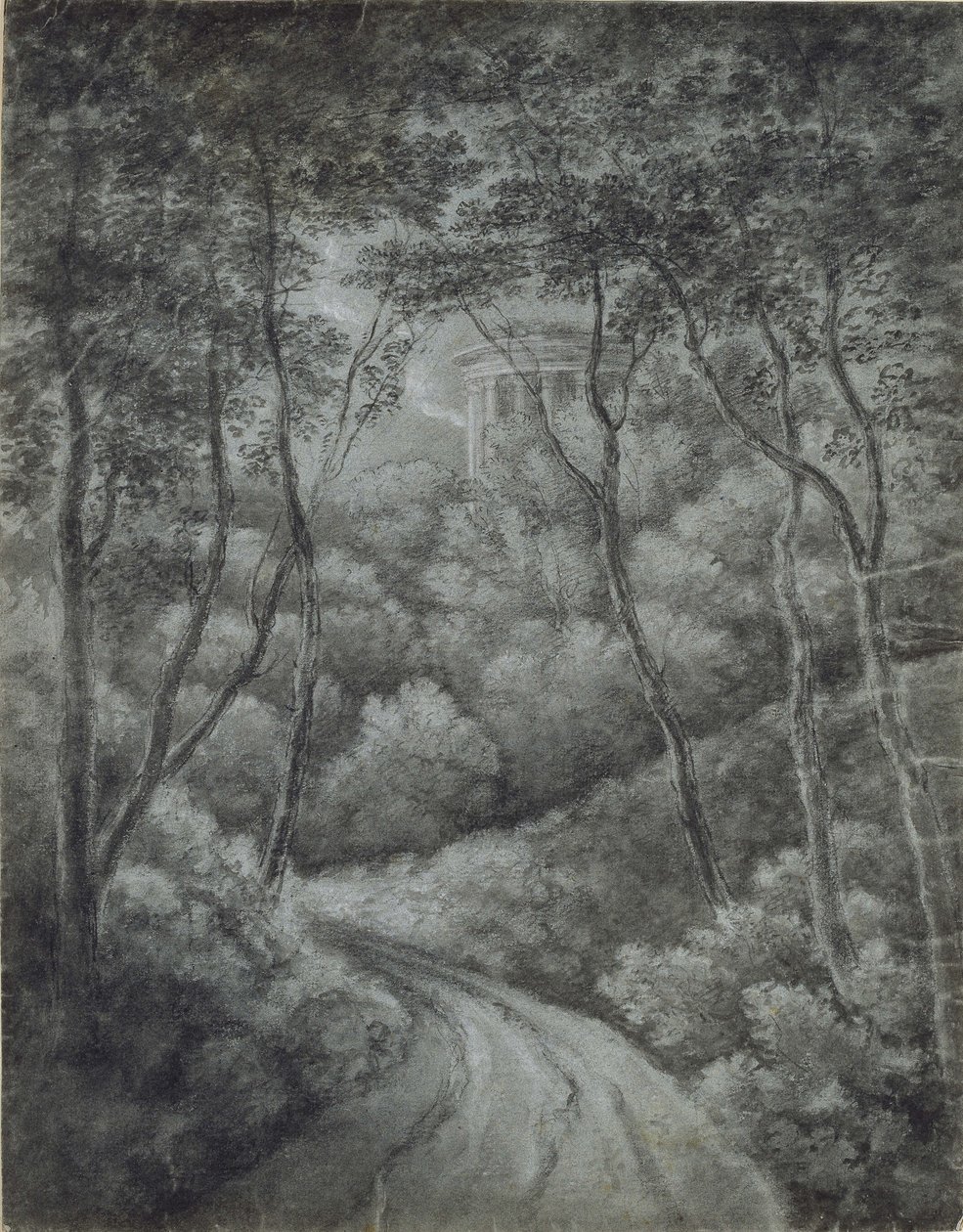 Paysage avec un chemin à travers une forêt et un temple classique - John Baptist Malchair