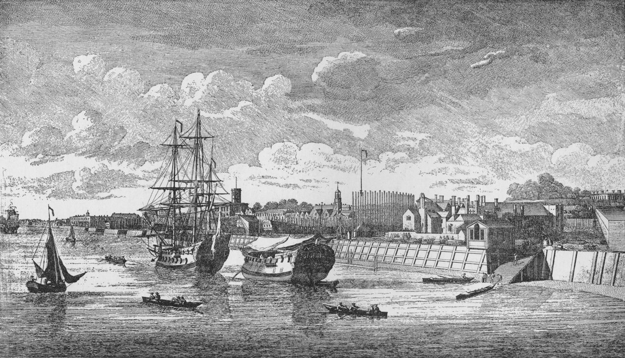 Chantier naval de Woolwich depuis la Tamise, vers 1750, 1912. Artistes : Inconnu, John Boydell - John Boydell