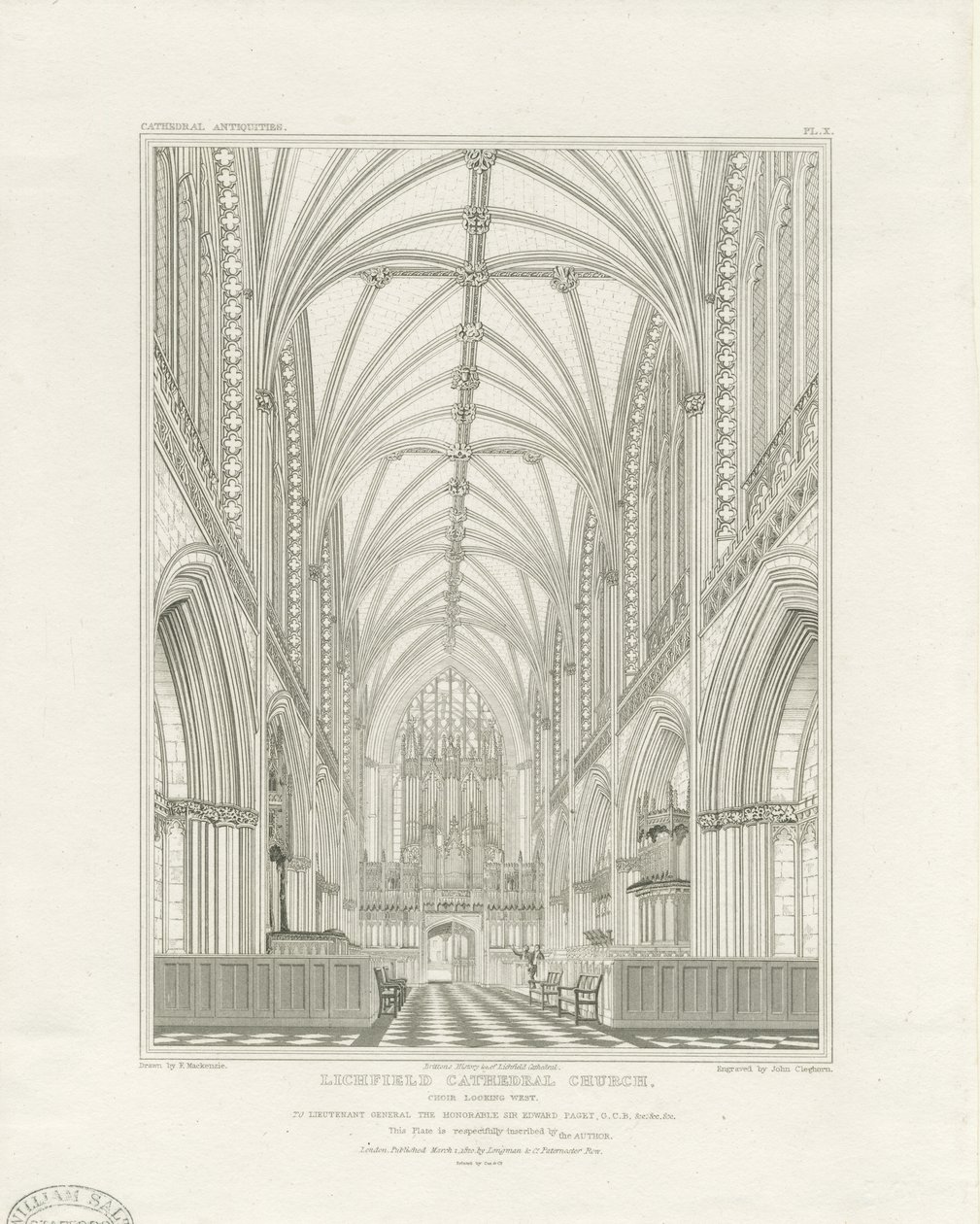 Intérieur de la cathédrale de Lichfield - Chœur : gravure, vers 1820 - John Britton