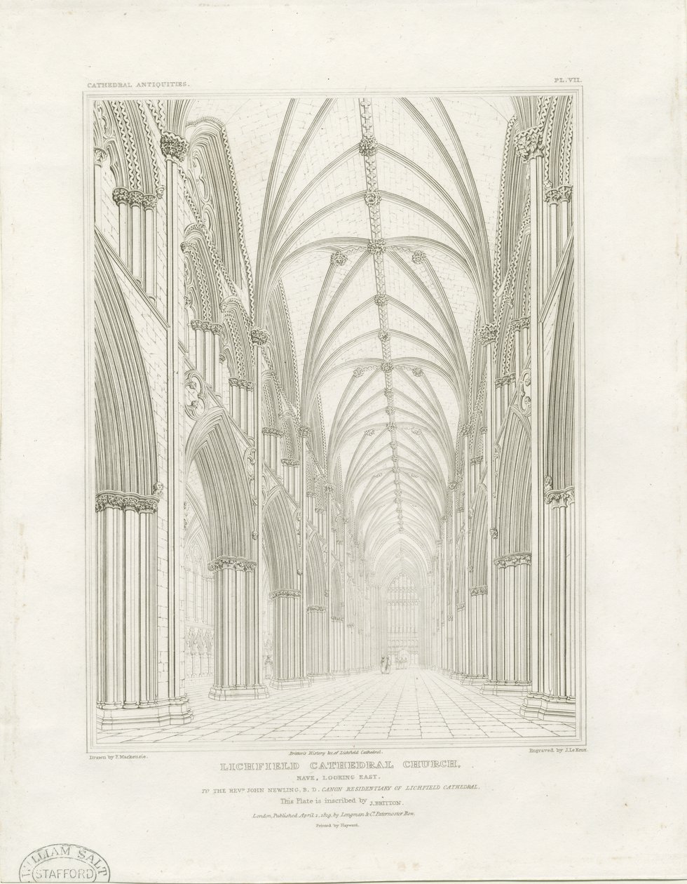 Intérieur de la cathédrale de Lichfield - Nef : gravure, vers 1819 - John Britton