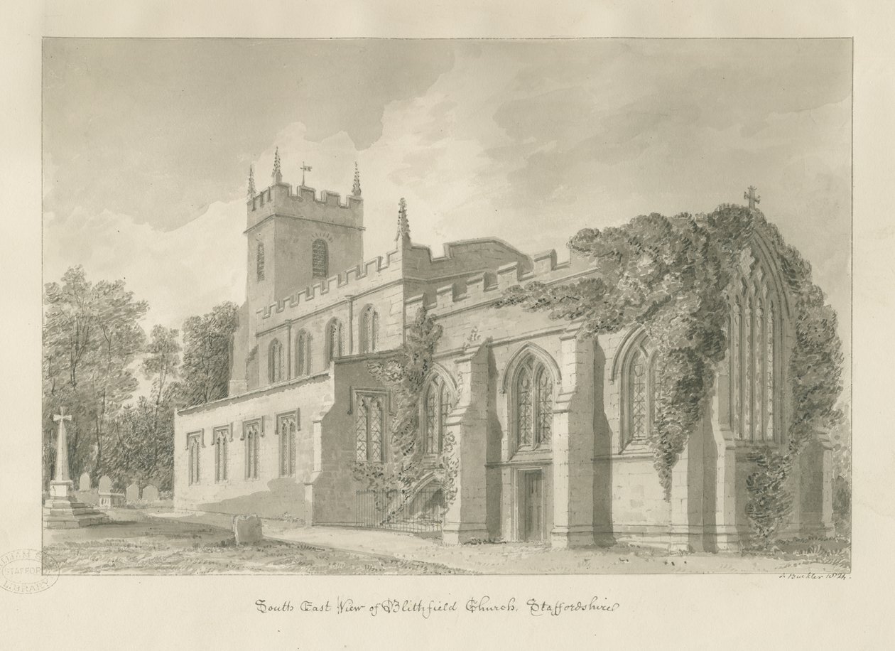 Église de Blithfield : dessin sépia - John Buckler