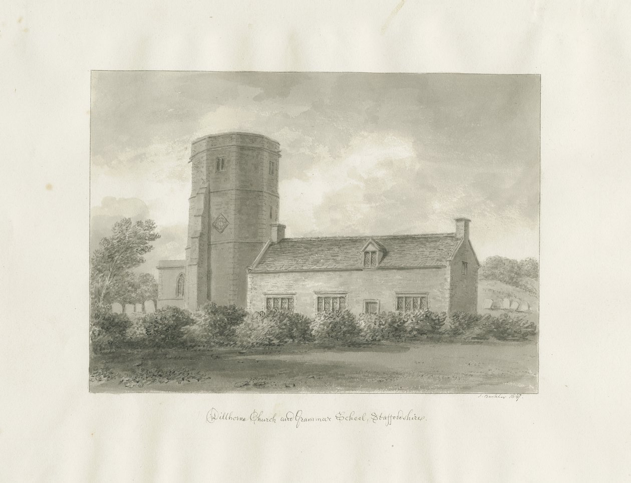 Dilhorne - Église et école secondaire : dessin sépia - John Buckler