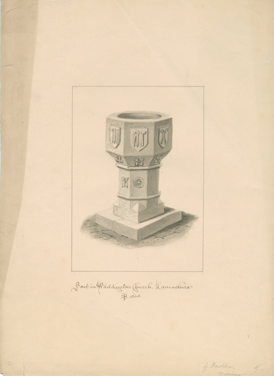 Lancashire - Église de Waddington - Fonts baptismaux (dessin sépia, 1808) - John Buckler