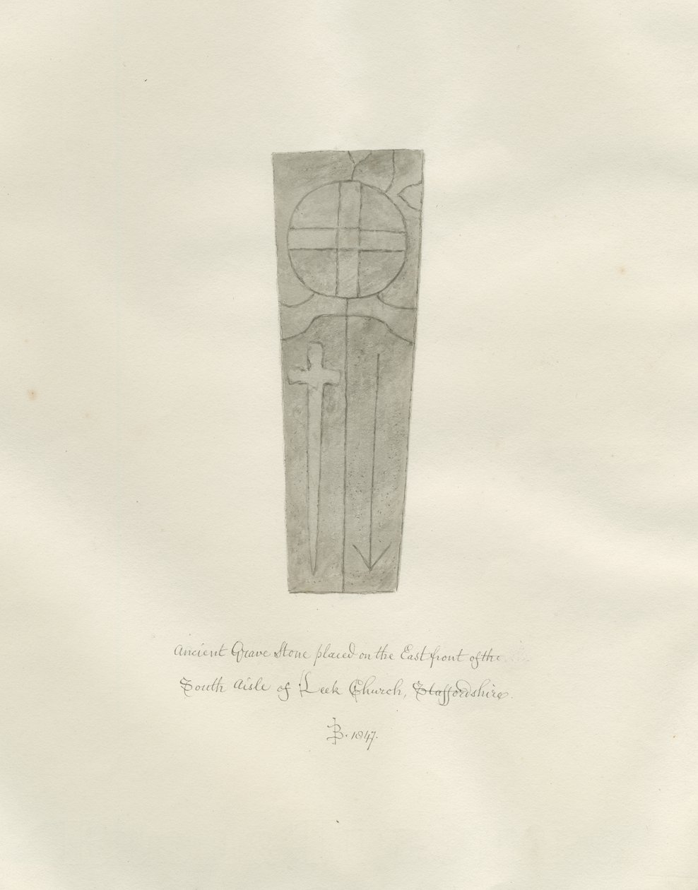 Église de Leek - Pierre tombale : dessin sépia - John Buckler