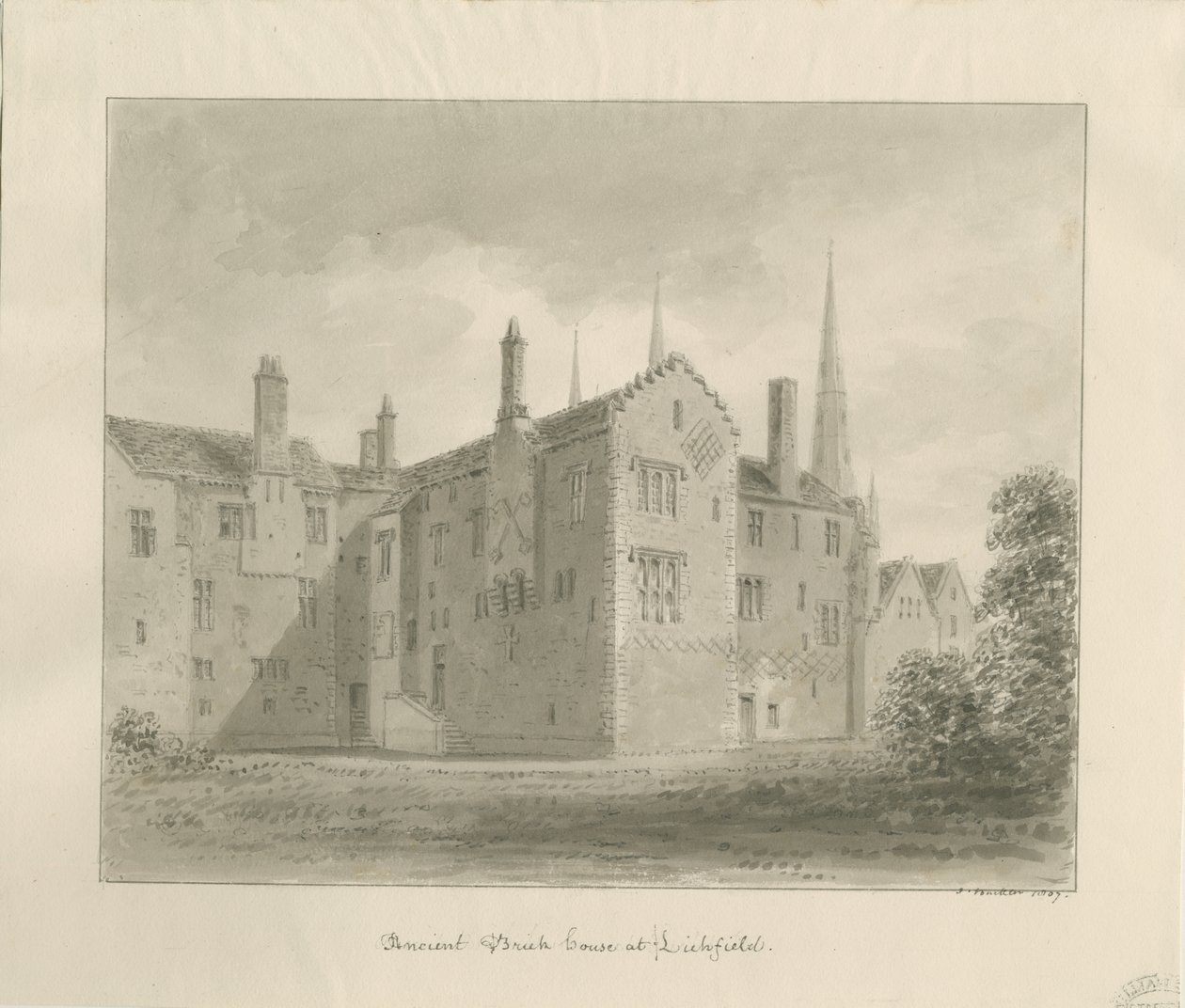 Lichfield - Vieille maison dans The Close : dessin sépia - John Buckler