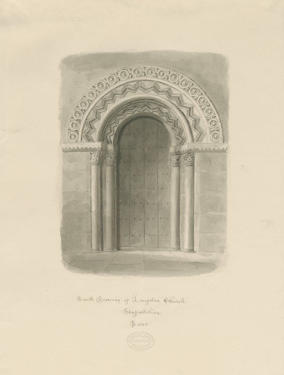 Église de Longdon - Porte sud : dessin sépia - John Buckler