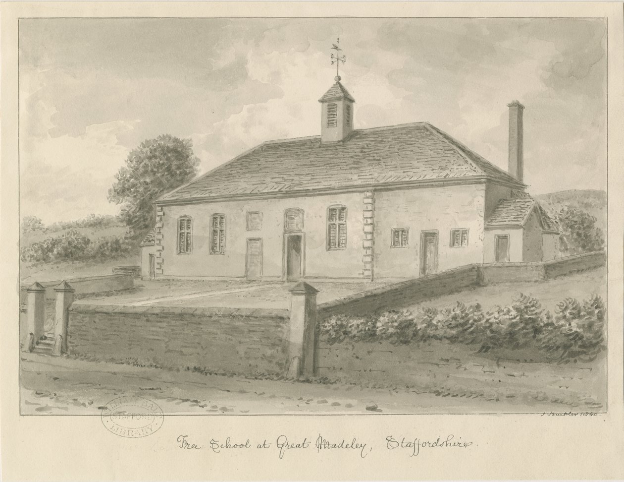 Madeley - École libre : dessin sépia, 1840 - John Buckler