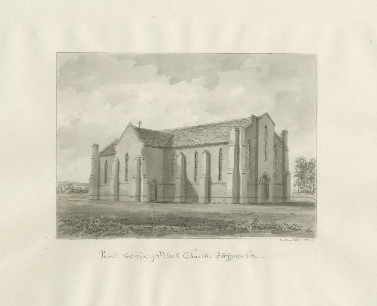 Église de Pelsall : dessin sépia - John Buckler