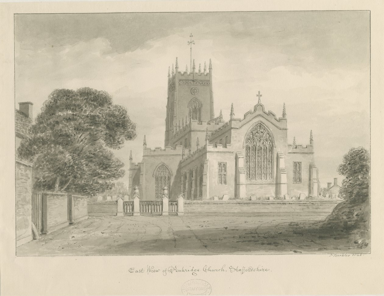 Église de Penkridge : dessin sépia - John Buckler