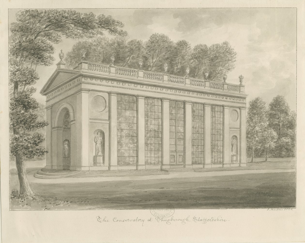 Shugborough Hall - Serre : dessin sépia - John Buckler
