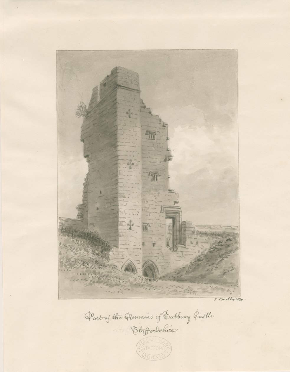 Château de Tutbury : dessin au lavis sépia - John Buckler
