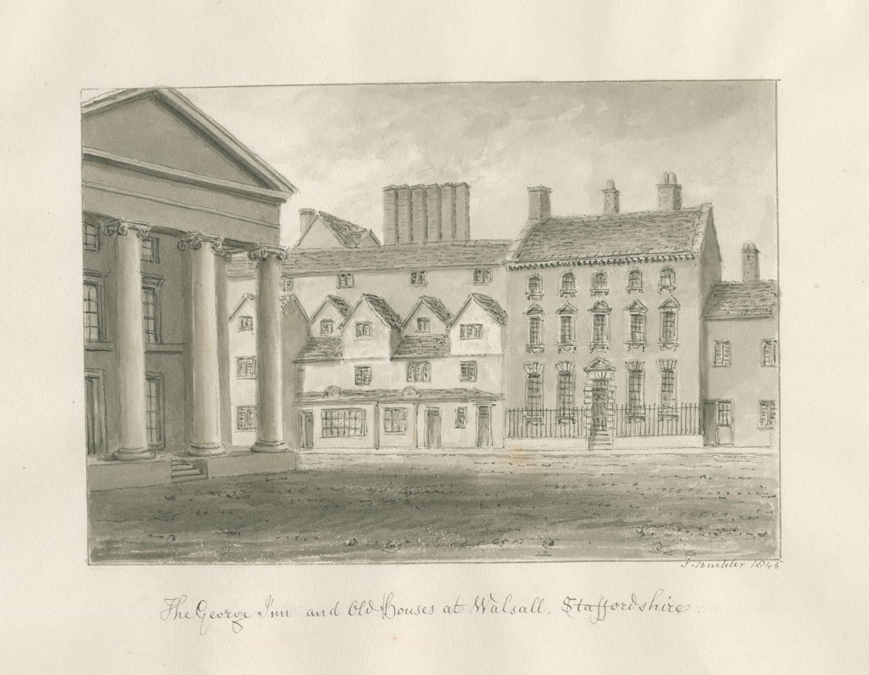 Walsall Town - The George Inn: dessin au lavis sépia - John Buckler