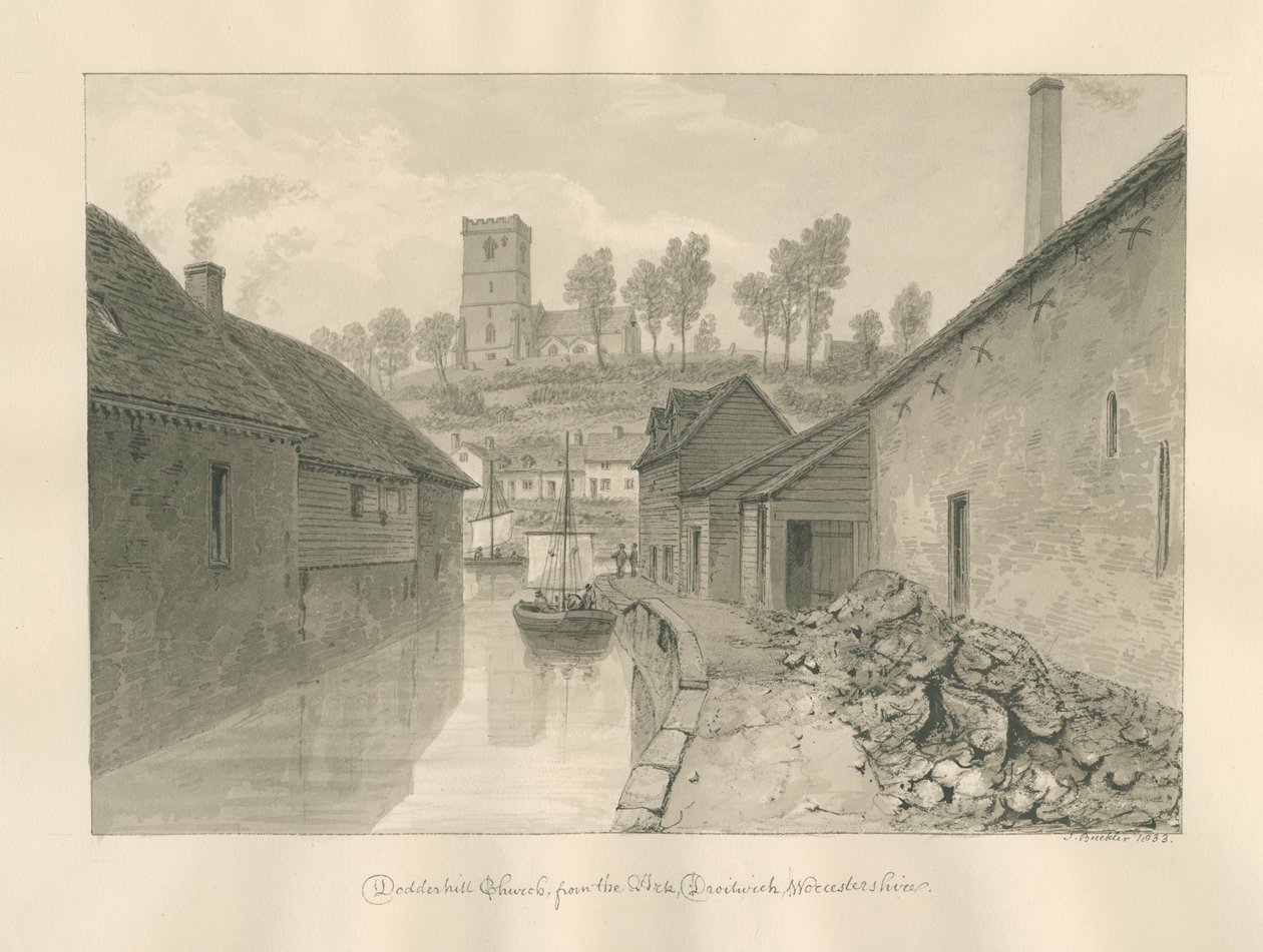 Worcestershire - Droitwich - Église de Dodderhill Vue lointaine : dessin sépia, 1833 - John Buckler