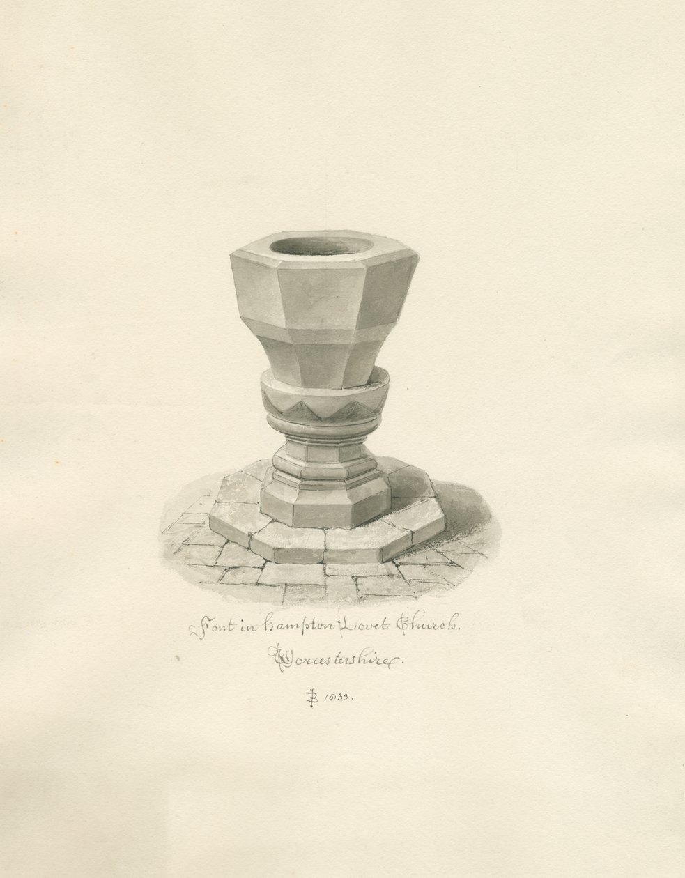 Worcestershire - Église de Hampton Lovett - Fonts baptismaux : dessin sépia - John Buckler