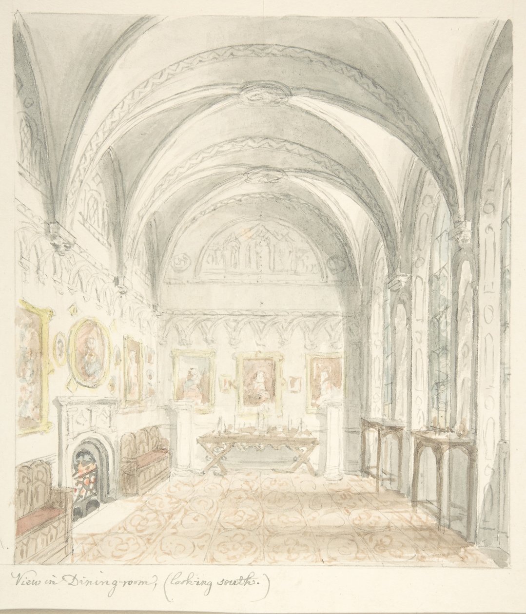 Château de Lea, Worcestershire, salle à manger regardant vers le sud, vers 1816 - John Carter.