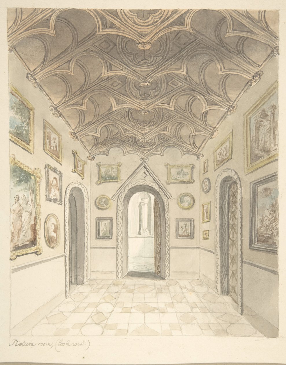 Château de Lea, Worcestershire, salle des tableaux, vue vers l