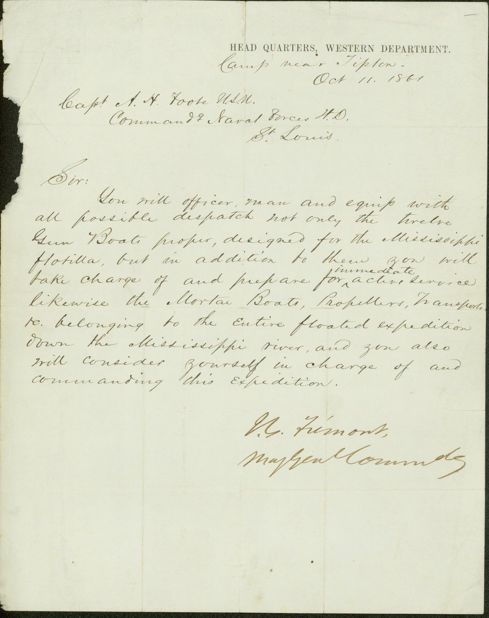 Lettre signée J.C. Fremont, Major Général Commandant, Quartier Général, Département de l