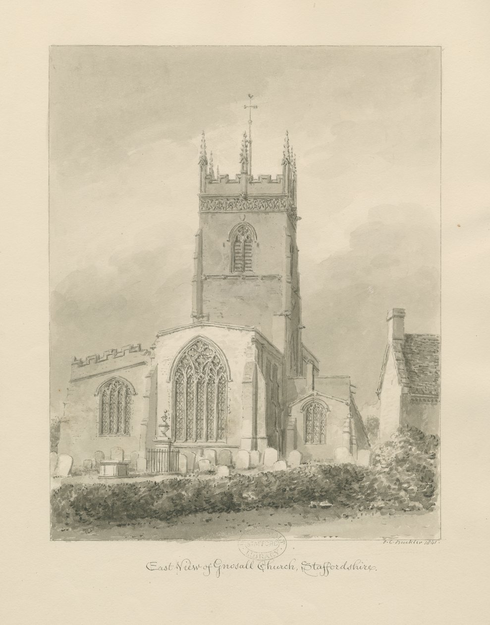 Église de Gnosall: dessin sépia - John Chessell Buckler