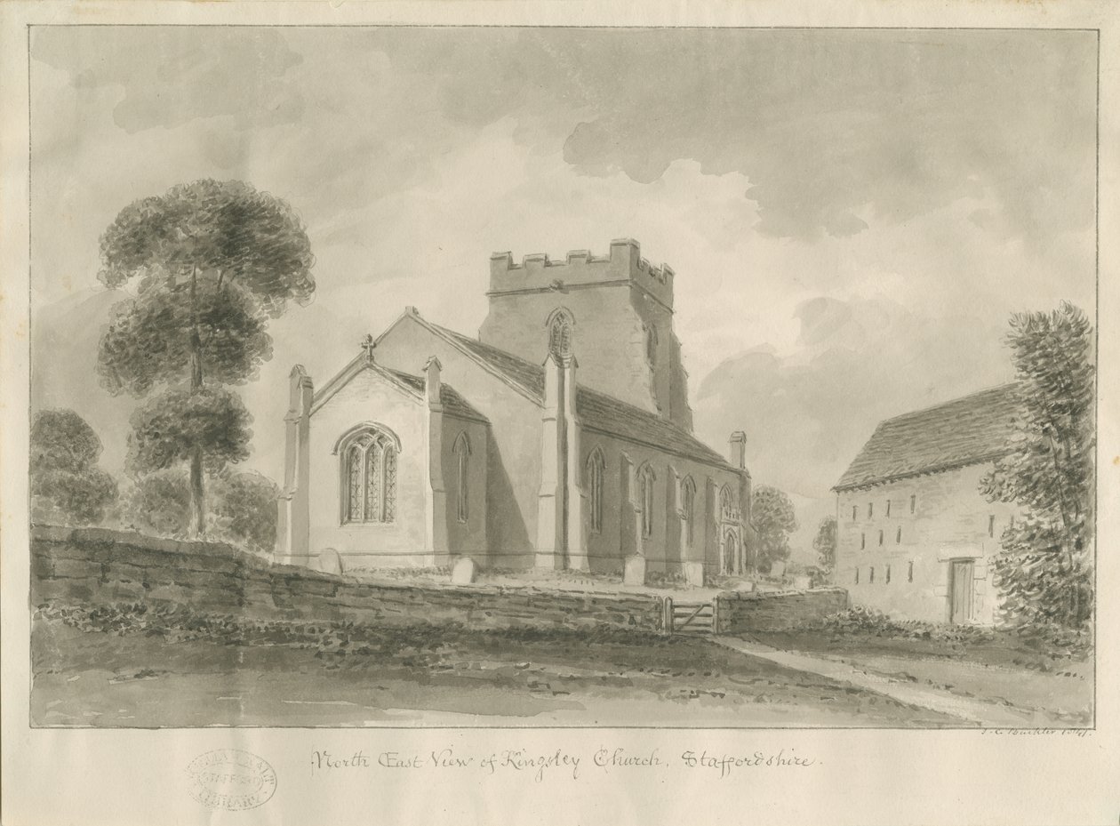 Église de Kingsley: dessin sépia, 1841 - John Chessell Buckler