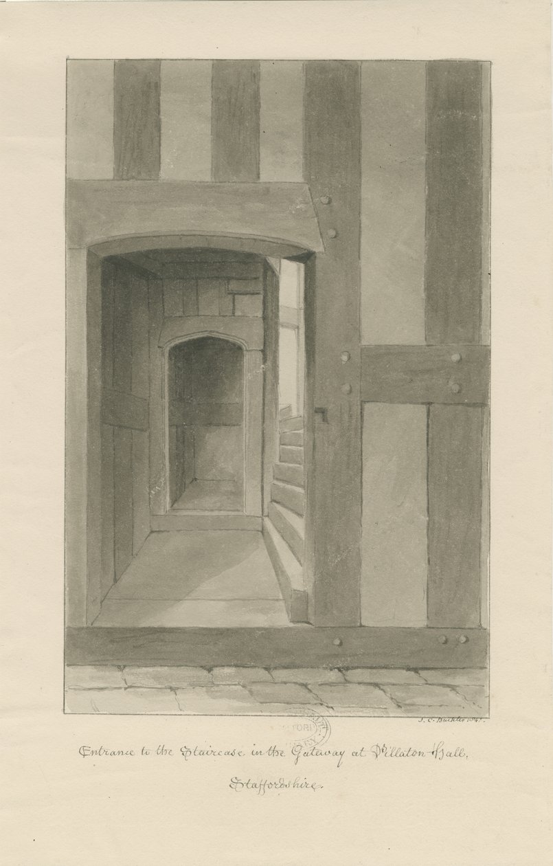 Pillaton Hall - Intérieur de la maison de la porte: dessin sépia - John Chessell Buckler