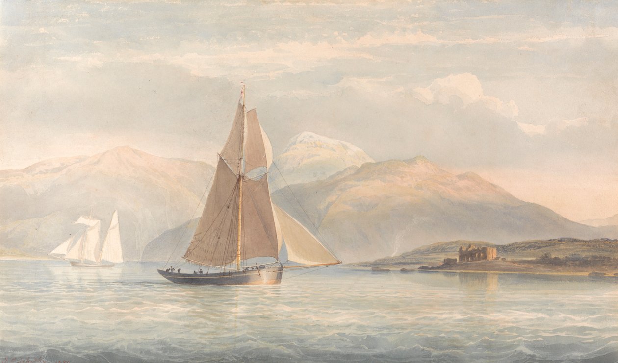 Bateau naviguant vers la droite avec des montagnes en arrière-plan - John Christian Schetky