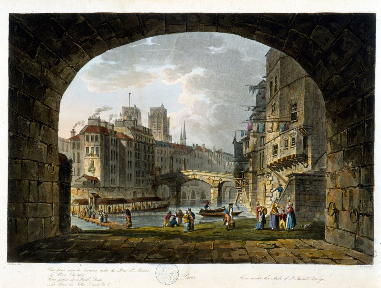Paris : Pont de Châtelet et Hôtel-Dieu - dans « Paris vu par J.C. Matttes », ed. Miller, Londres - John Claude Nattes