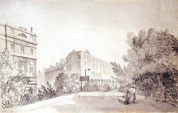 Vue de Fitzroy Square avec deux personnages tirant un rouleau de jardin, vers 1808 - John Claude Nattes