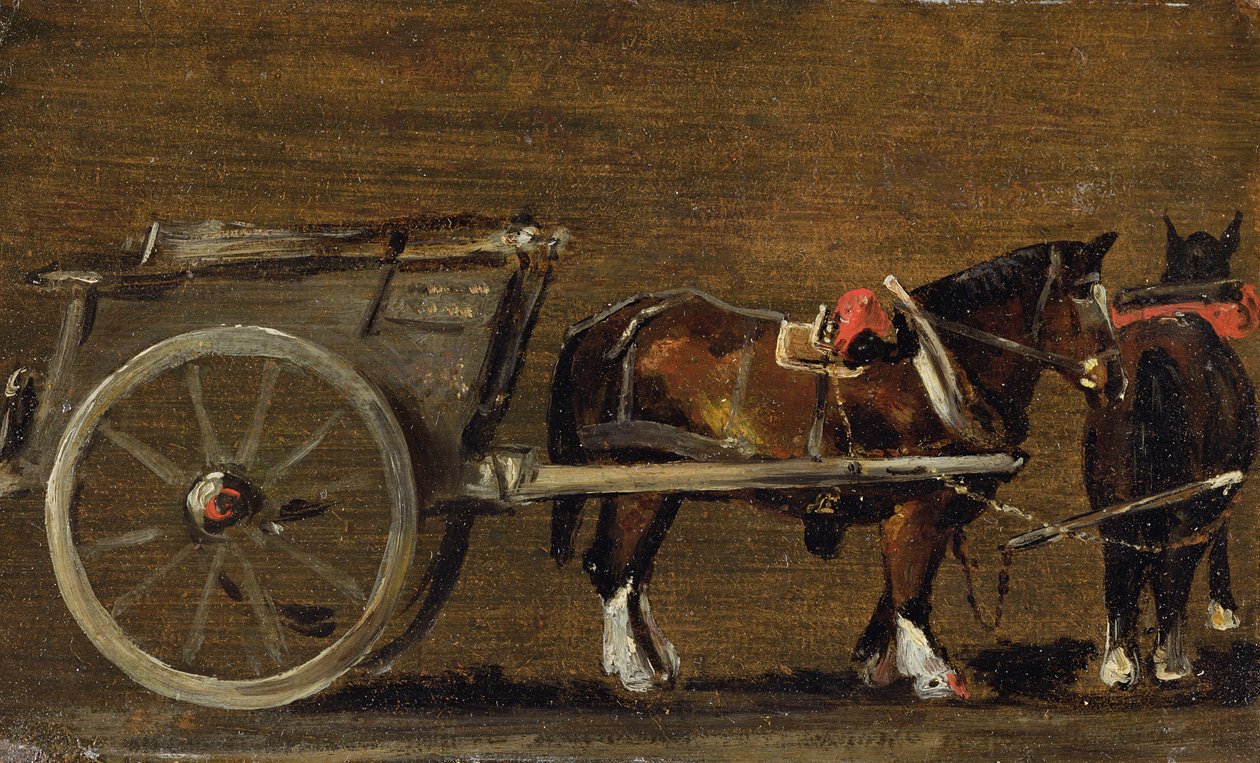 Un chariot de ferme avec deux chevaux attelés : une étude pour le chariot dans 