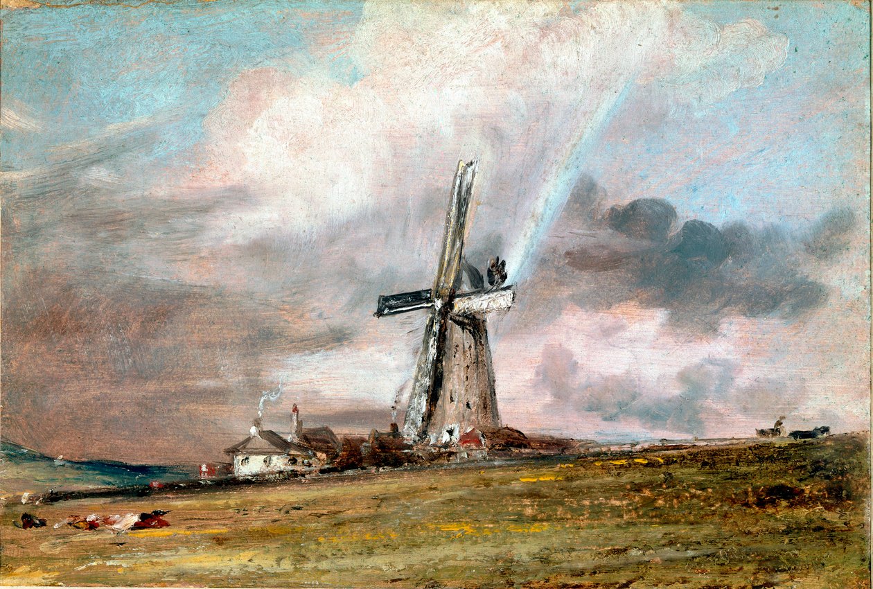 Moulin à vent, maisons et arc-en-ciel - John Constable