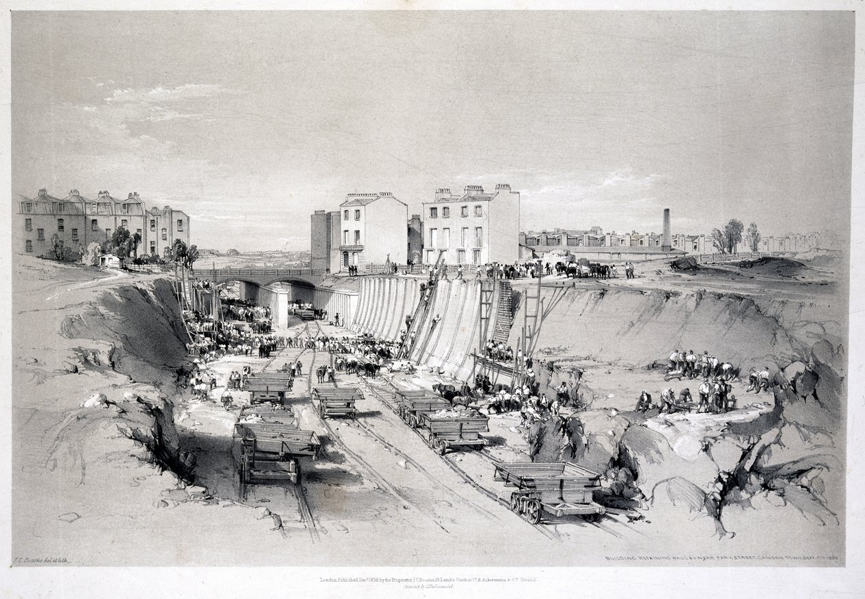 Construction des murs de soutènement à Park Street, Camden Town, 1836 - John Cooke Bourne