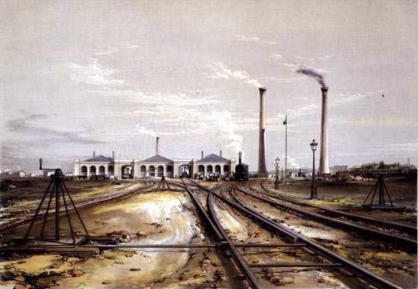 Excentrique pour le déplacement des rails, maison de la locomotive et cheminées de la maison de l