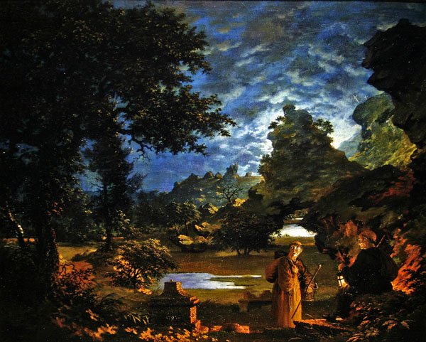 Moines avec une lanterne dans un paysage rocheux au clair de lune - John Cranch