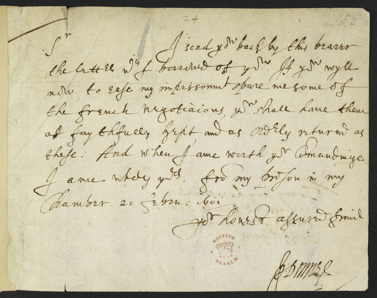 Lettre autographe de John Donne à Sir Robert Cotton, écrite depuis la prison, 20 février 1601 - John Donne