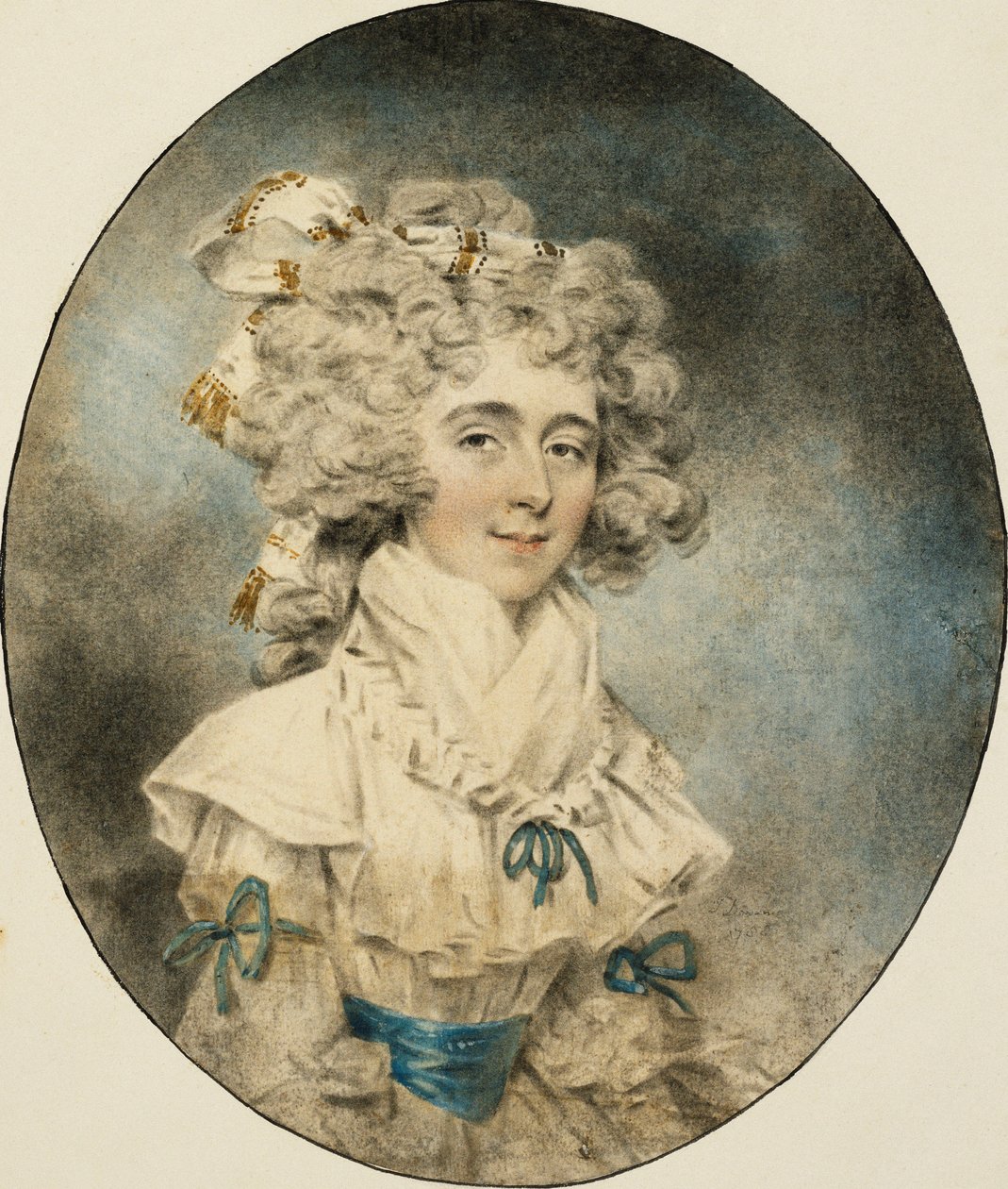 Portrait de Mme Fisher, demi-longueur, en robe blanche ornée de rubans bleus - John Dowman