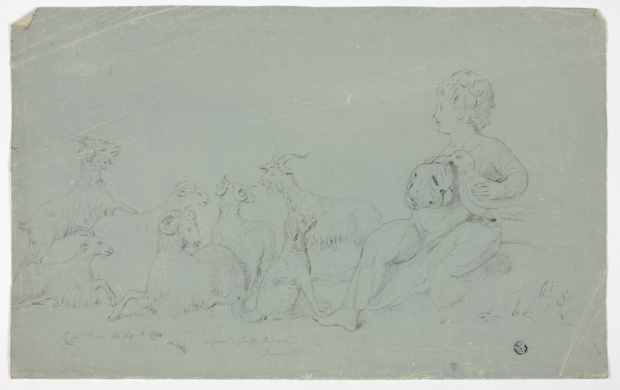 Bas-Relief Antique avec Garçon Assis Tenant un Faucon et Accompagné de Chien, Mouton et Chèvres - John Downman