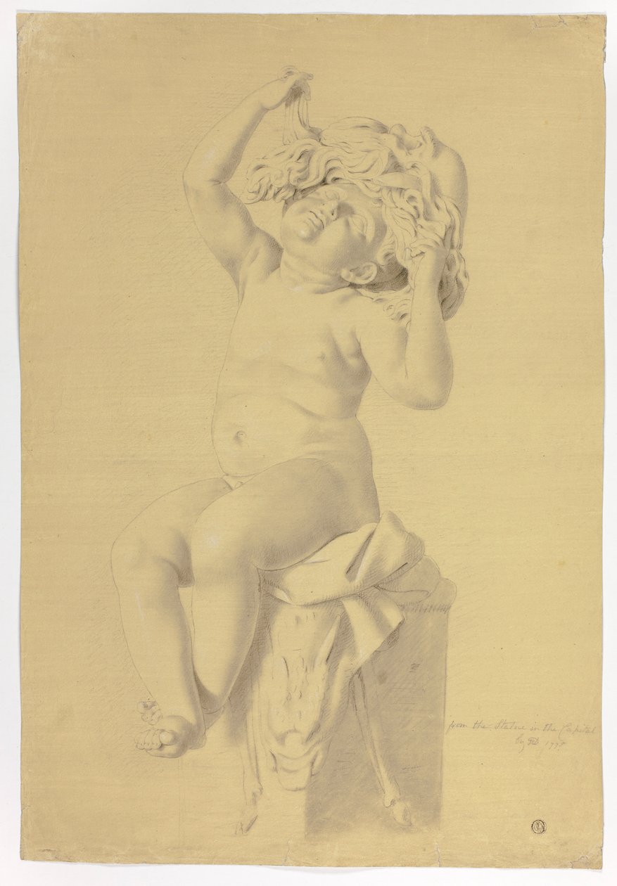 Statue antique de putto assis tenant un masque de Silène - John Downman
