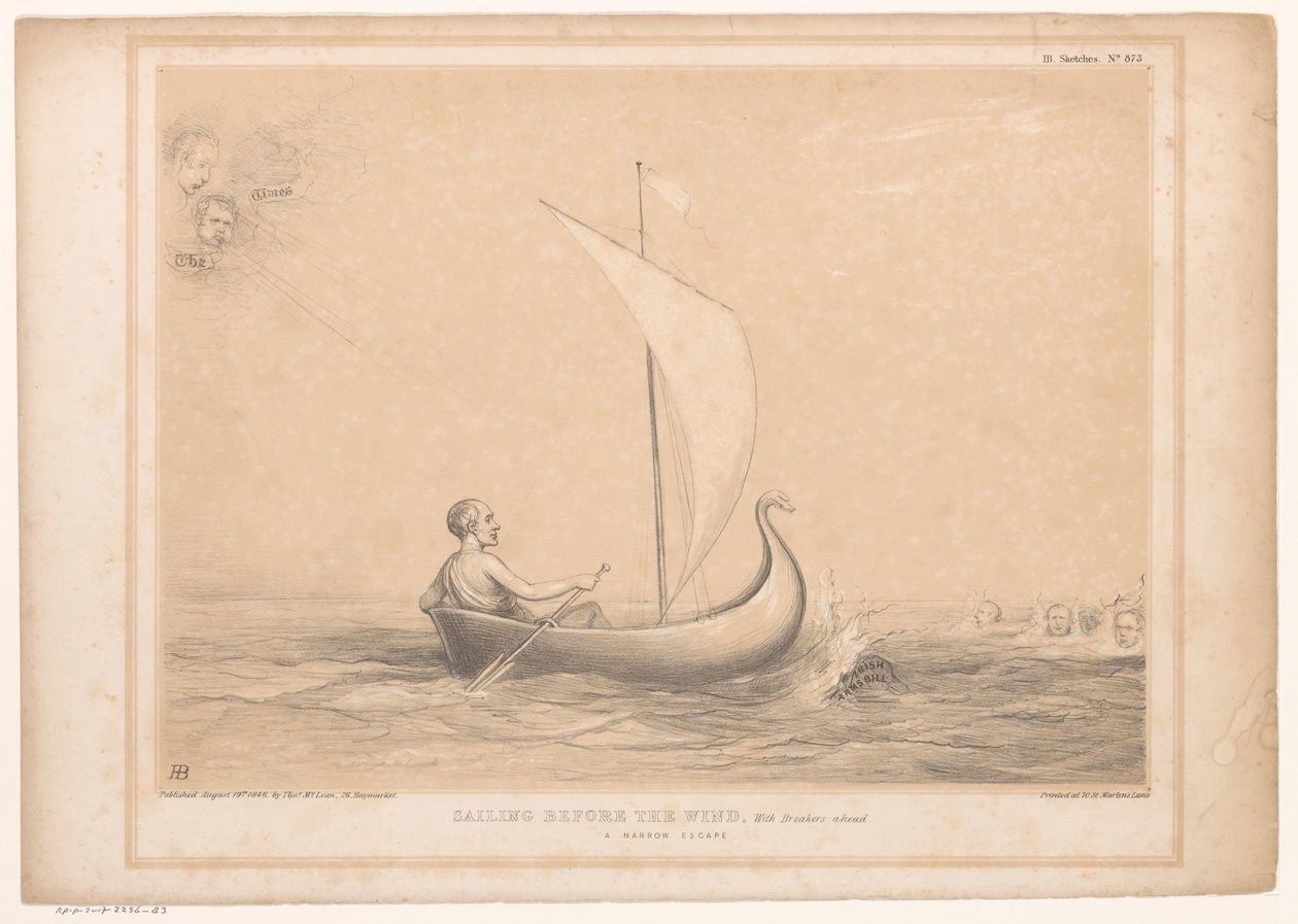 Caricature de Lord Russell dans un petit voilier (Sailing before the wind, With Breakers ahead. A narrow escape, HB Sketches) - John Doyle