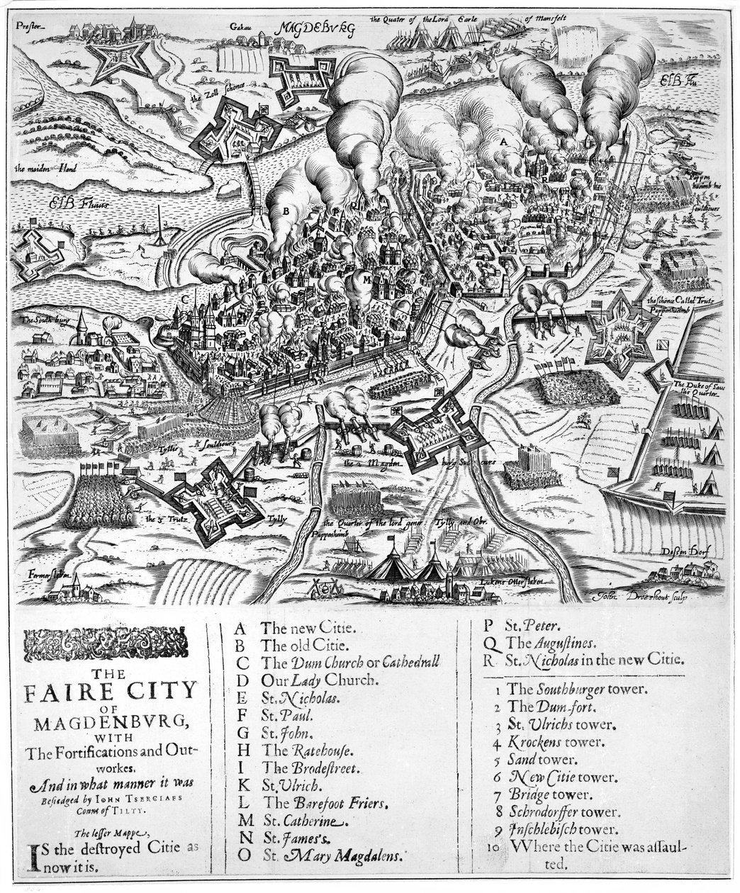 La belle ville de Magdebourg, avec les fortifications et les ouvrages extérieurs. Et de quelle manière elle a été assiégée par John Tserclaes, Comte de Tilly, 1631 - John Droeshout