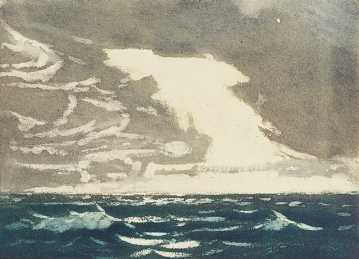 Paysage marin - mer verte et ciel bleu-gris orageux 2, XXe siècle (aquatinte en couleur) - John Everett