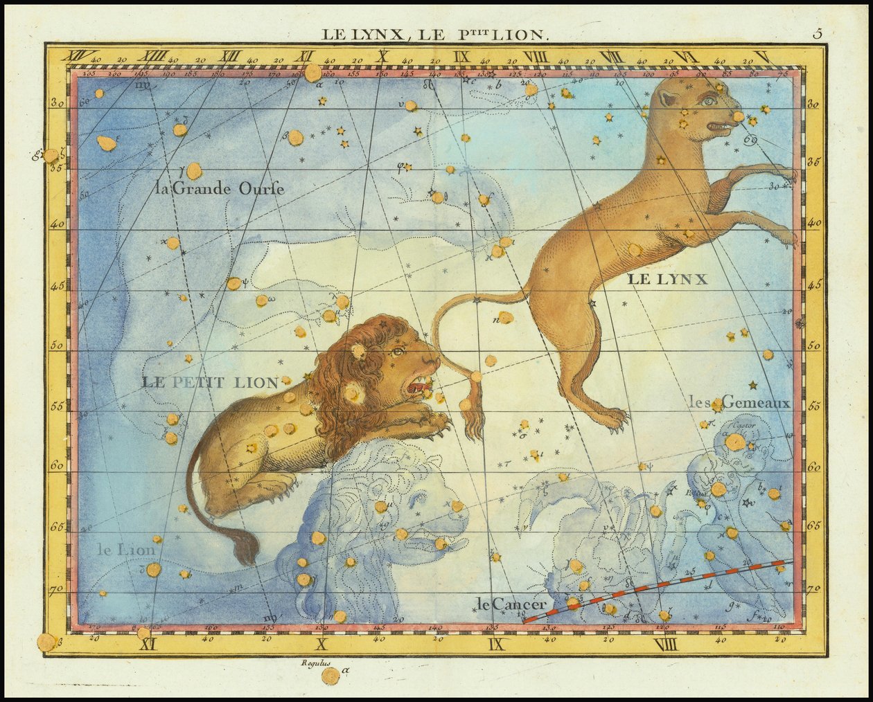 Carte stellaire de 1776 de la constellation du Lion, tirée de l