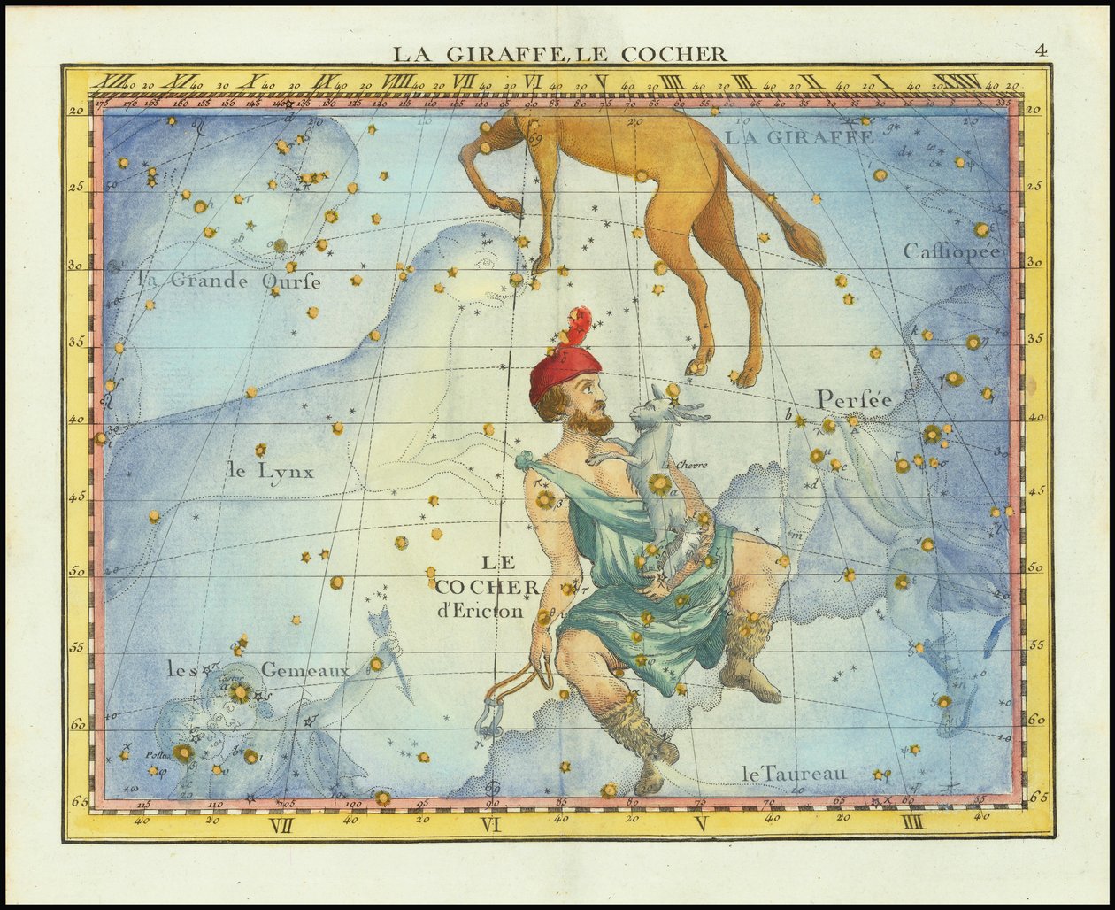 Carte stellaire de 1776 des constellations Camelopardal  Auriga et des constellations voisines, tirée de l