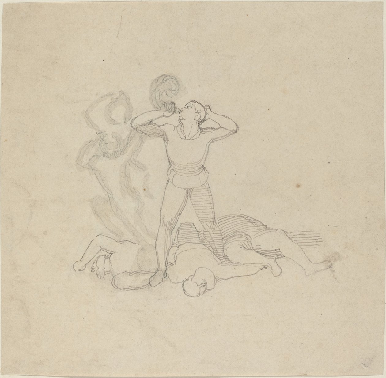 Figure debout sur des cadavres, soufflant dans une corne - John Flaxman