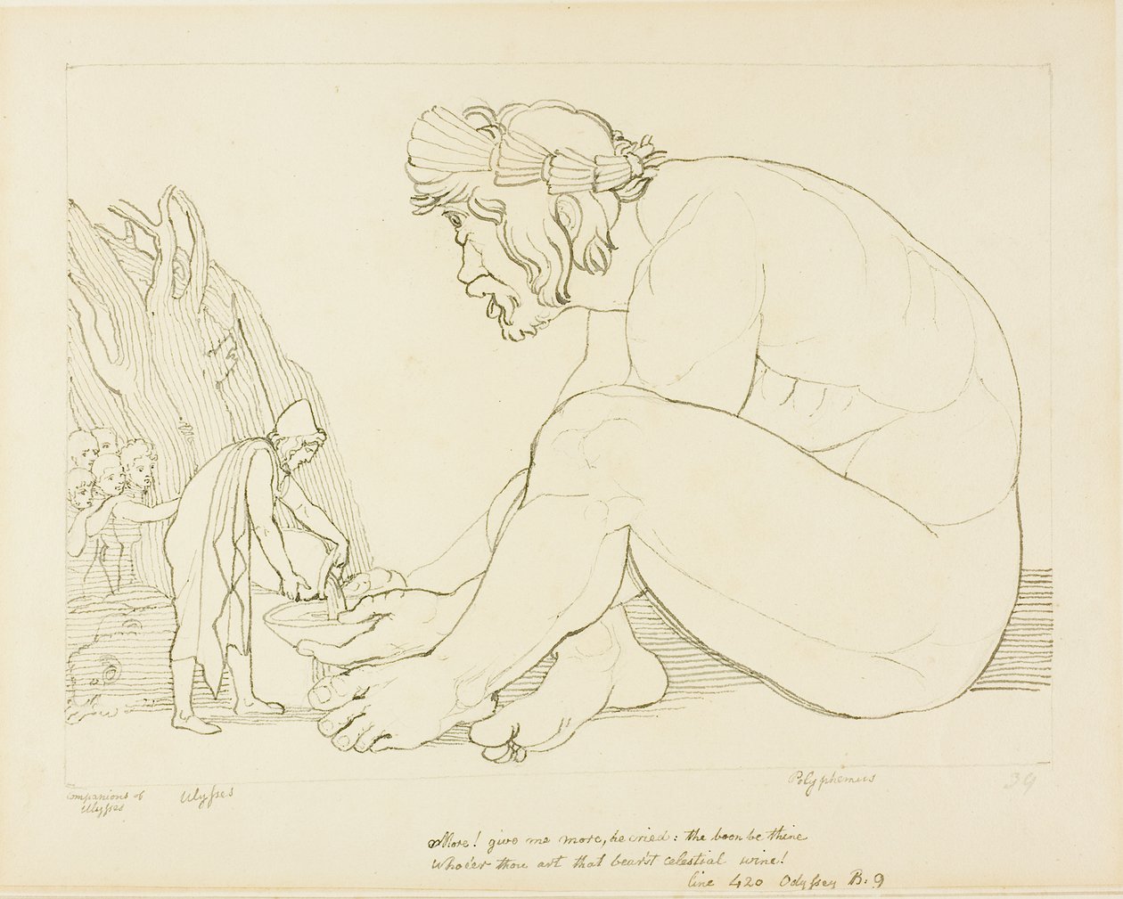 Polyphème supplie Ulysse de lui donner plus de vin - John Flaxman